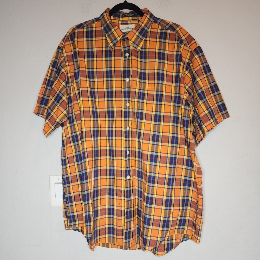 The Andover Shop Orange‎ Blue Plaid Cotton Short Sleeve Button Shirt Men's Sz XL